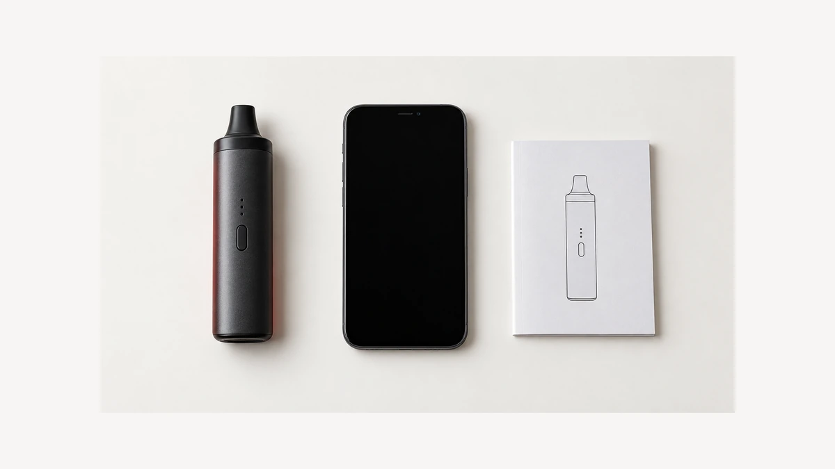 Unpowered dry herb vaporizer beside a dark phone and closed paper manual Unpowered dry herb vaporizer beside a dark phone and closed paper manual