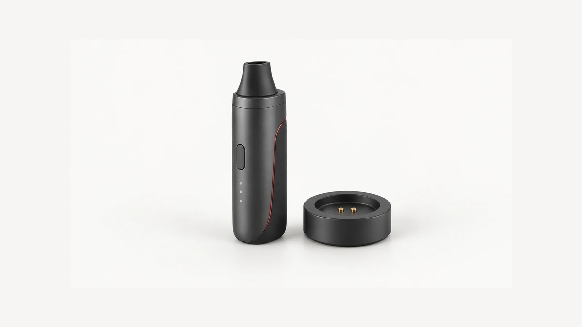 Unpowered dry herb vaporizer beside a round dock with two visible electrical contacts