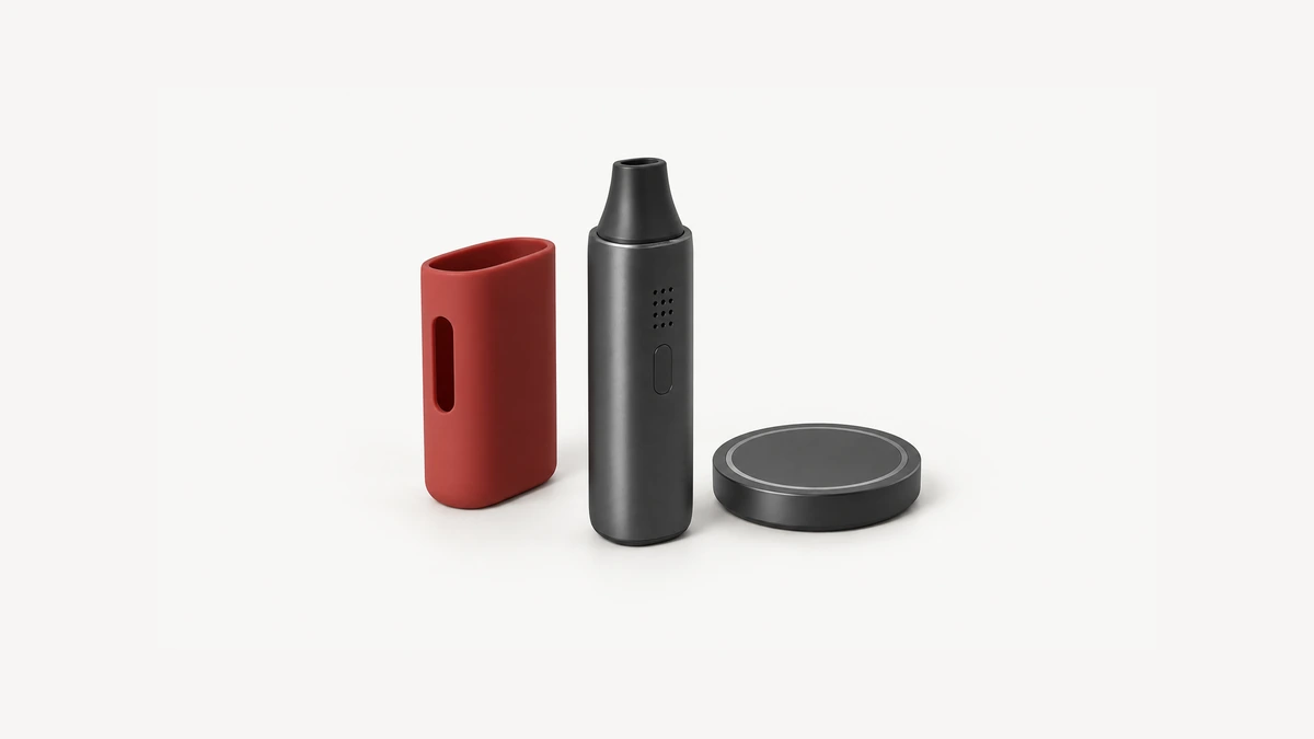 Unpowered dry herb vaporizer beside a separate charging pad and empty body sleeve