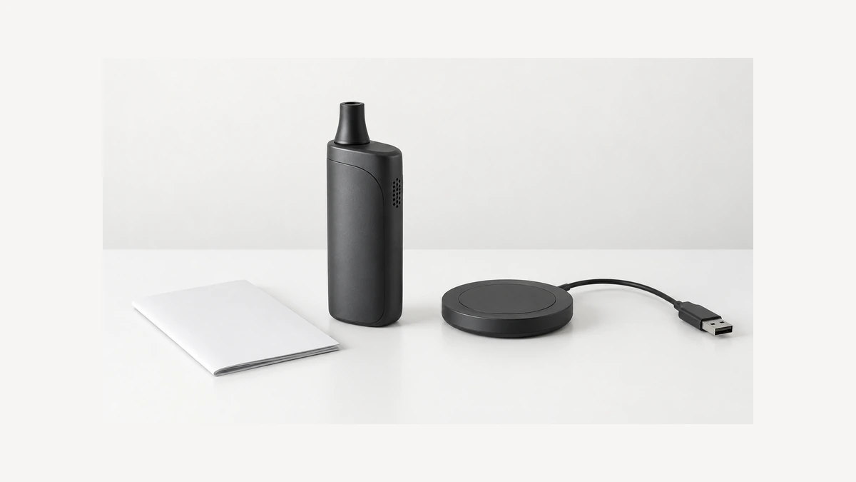 Unpowered dry herb vaporizer beside a separate pad and blank paper manual