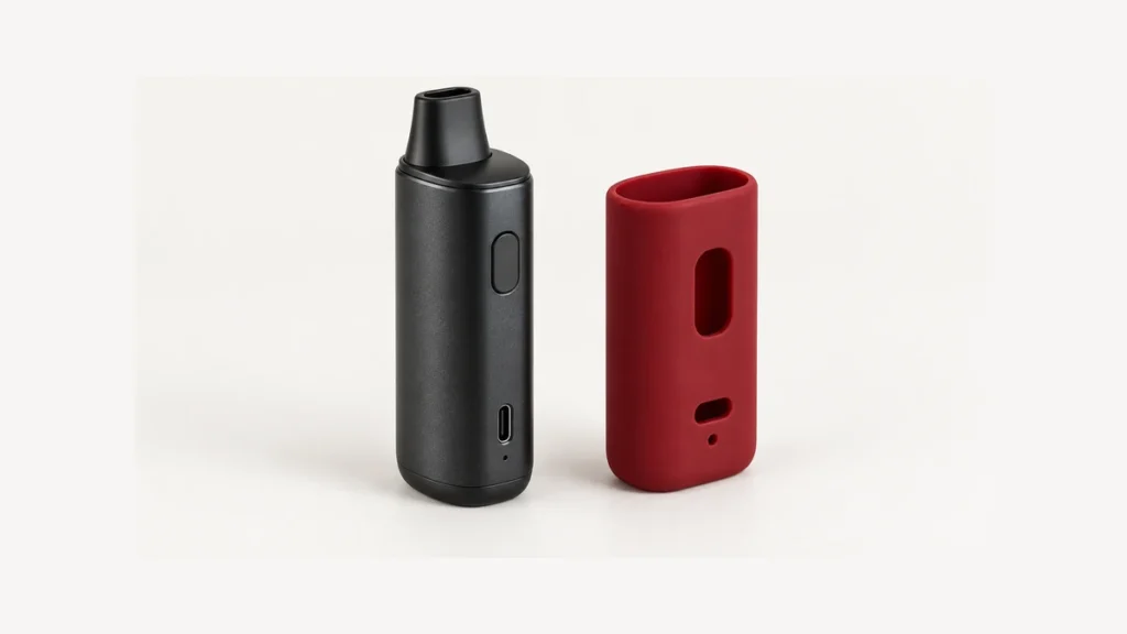 Unpowered dry herb vaporizer beside a separate red silicone body sleeve