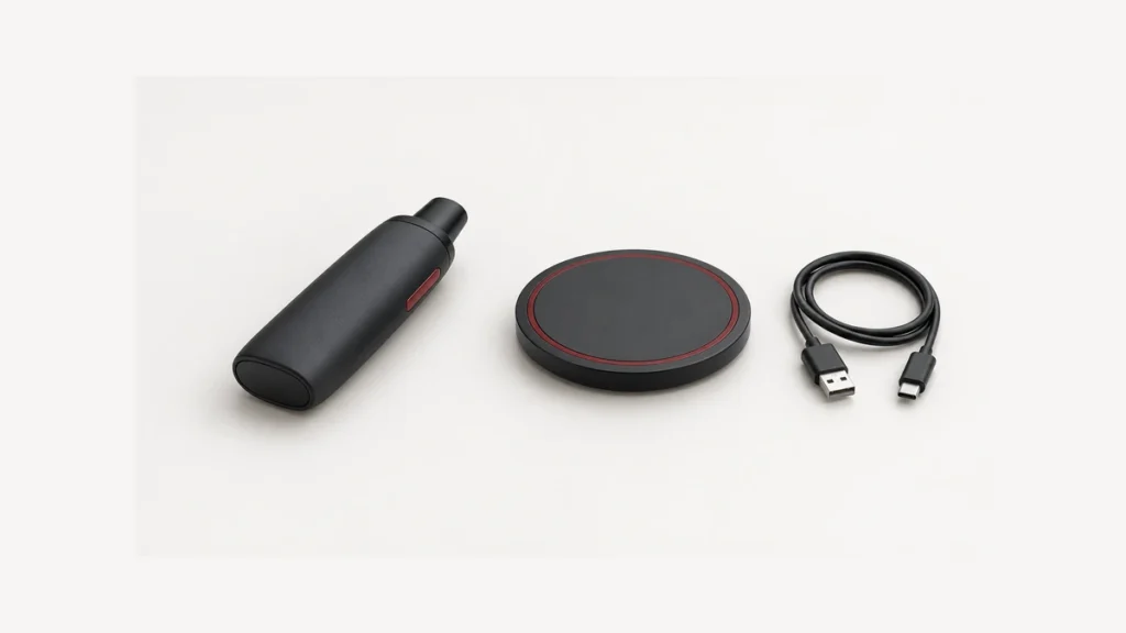 Unpowered dry herb vaporizer beside a separate round pad and detached USB cable
