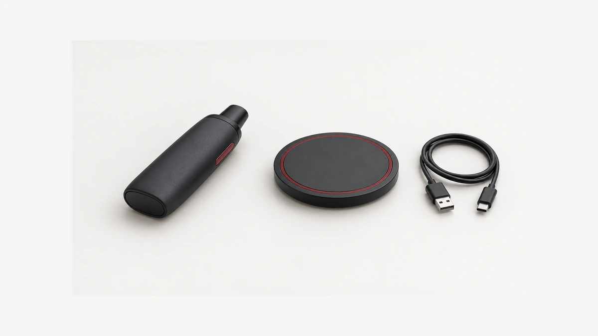 Unpowered dry herb vaporizer beside a separate round pad and detached USB cable