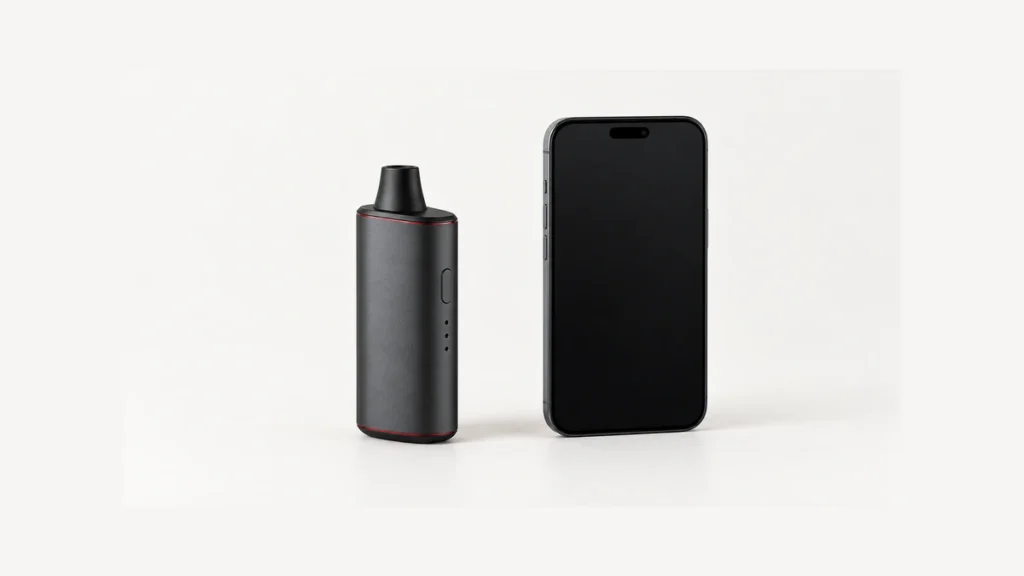 Unpowered dry herb vaporizer beside a smartphone with dark blank screen