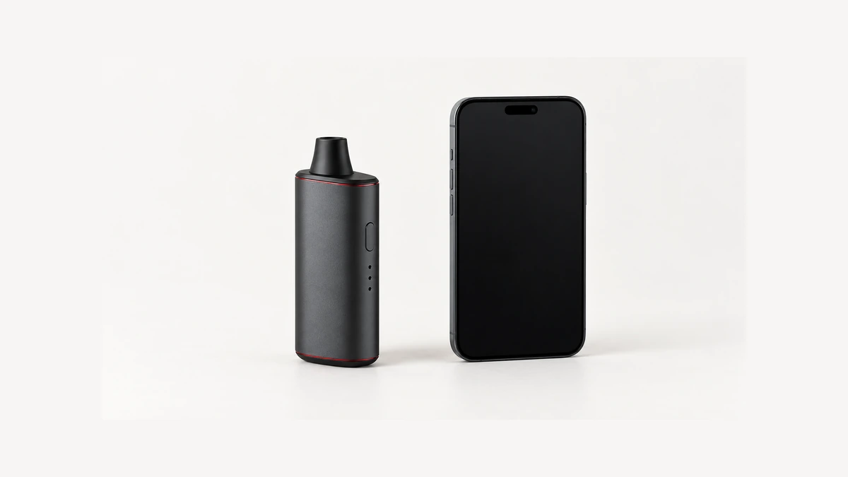 Unpowered dry herb vaporizer beside a smartphone with dark blank screen Unpowered dry herb vaporizer beside a smartphone with dark blank screen