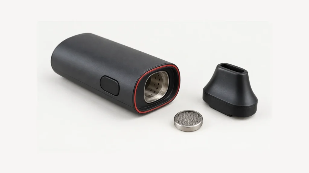 Unpowered dry herb vaporizer with empty chamber beside detached mouthpiece and mesh screen