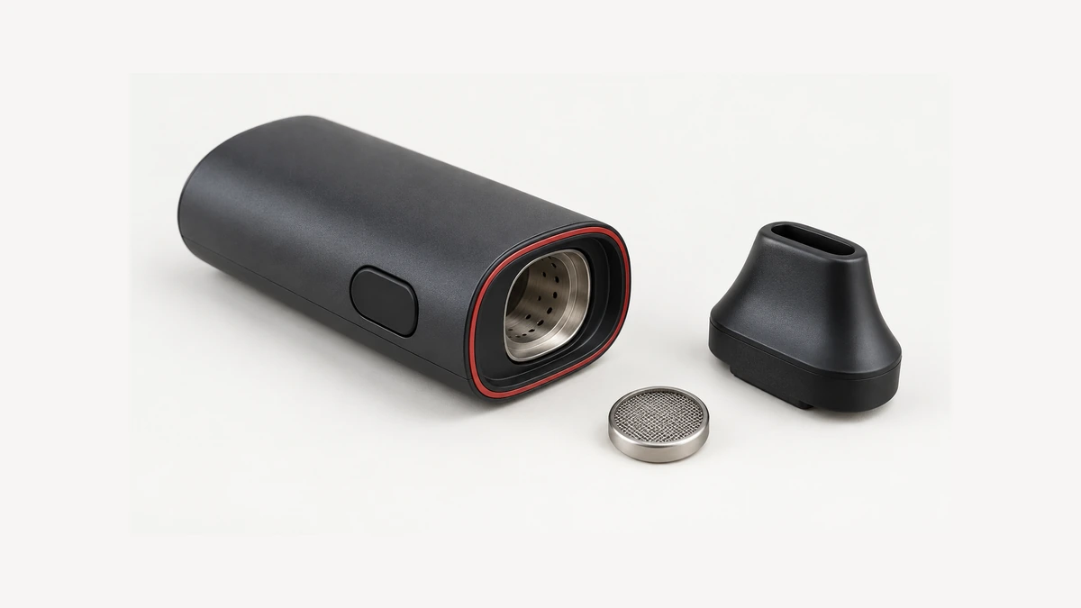 Unpowered dry herb vaporizer with empty chamber beside detached mouthpiece and mesh screen
