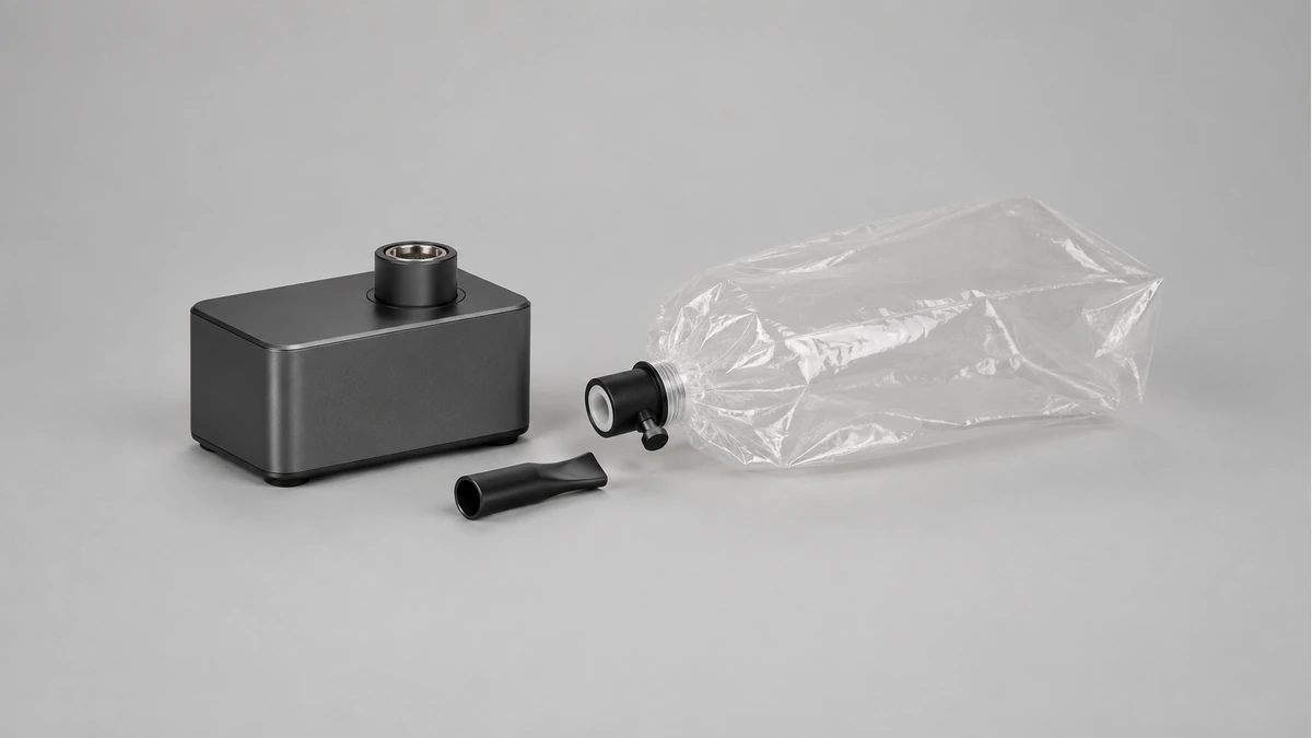 Unpowered rectangular desktop vaporizer beside an empty collection bag and separate mouthpiece