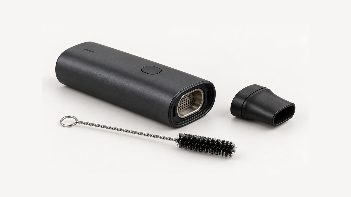 Unpowered vaporizer beside detached mouthpiece and separate dry cleaning brush