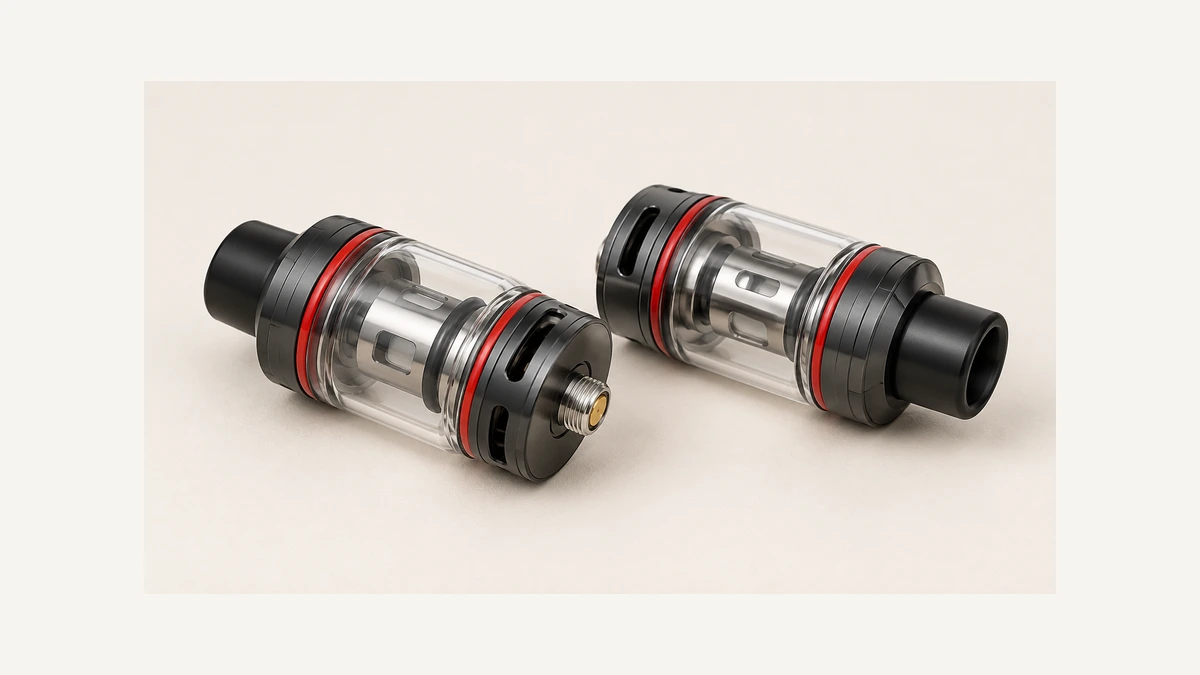 Two empty vape tanks showing airflow slots near their bases Two empty vape tanks showing airflow slots near their bases