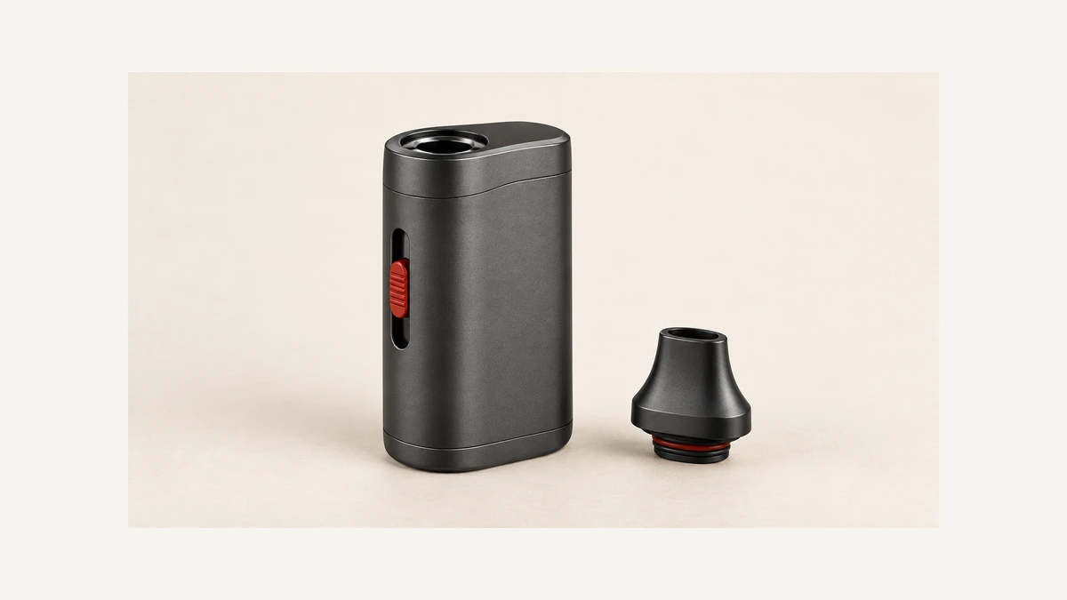 Compact vaporizer body with exterior slider beside a removable mouthpiece Compact vaporizer body with exterior slider beside a removable mouthpiece