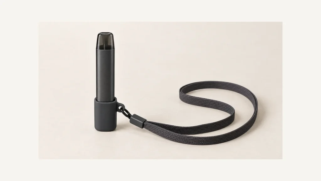 Slim vape pen in a retaining sleeve attached to a woven strap