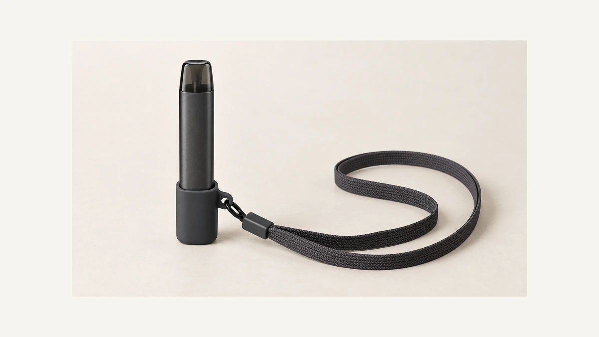 Slim vape pen in a retaining sleeve attached to a woven strap