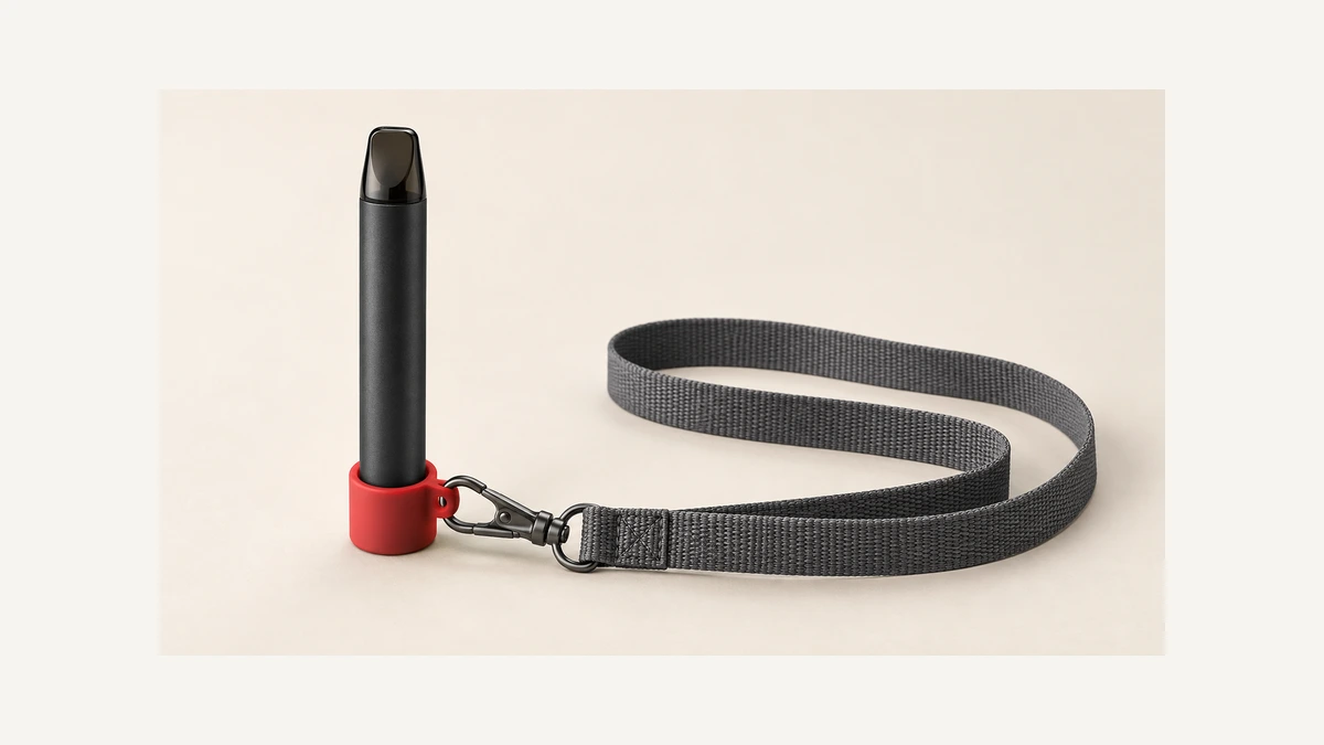 Vape pen in a silicone holder beside a clip and woven strap