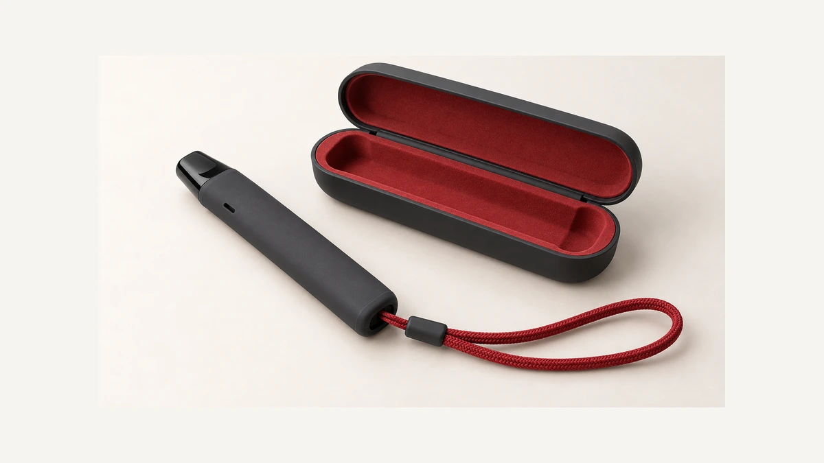 Vape pen with a wrist loop beside an open protective case