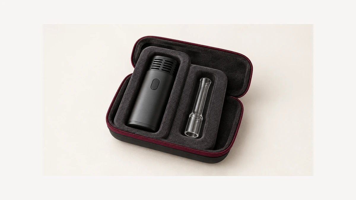 Vaporizer and separate glass stem in individual padded case recesses