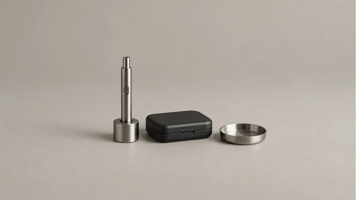 Wax pen in a desktop stand beside a closed case and empty parts dish