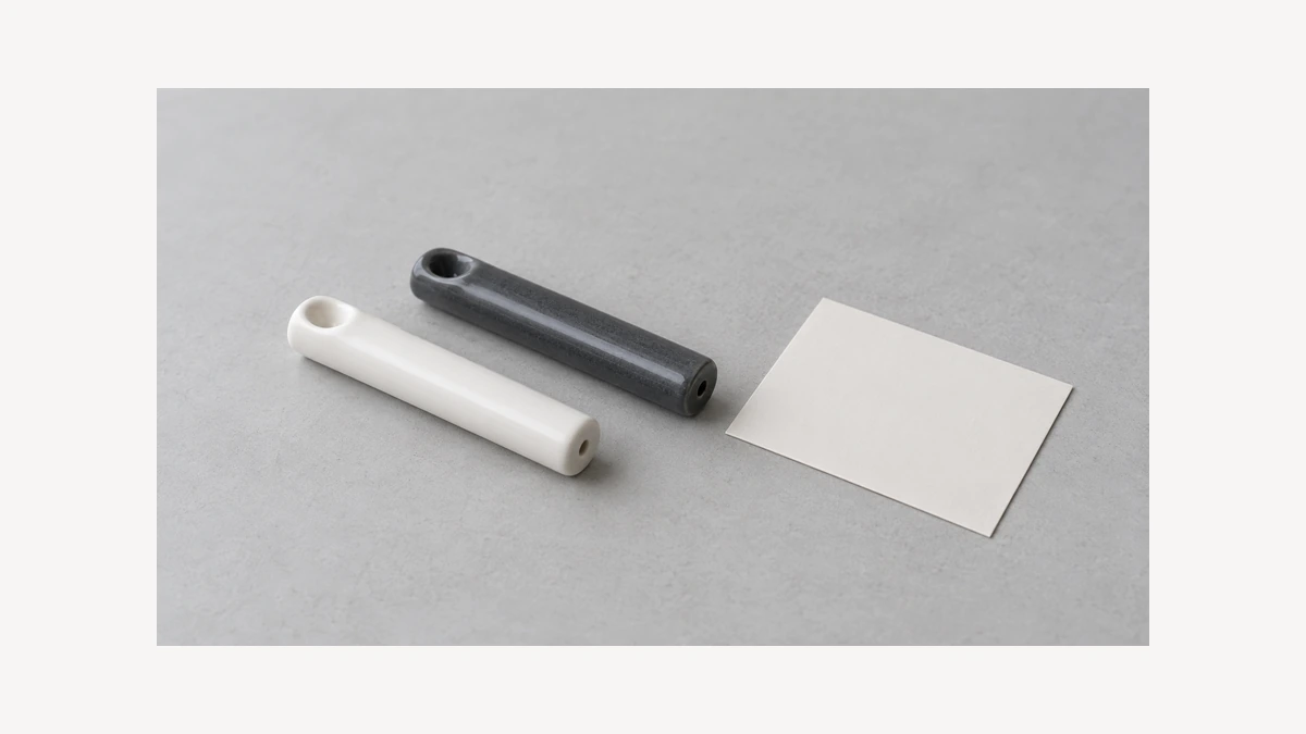 White and grey ceramic one hitter tubes beside blank care card