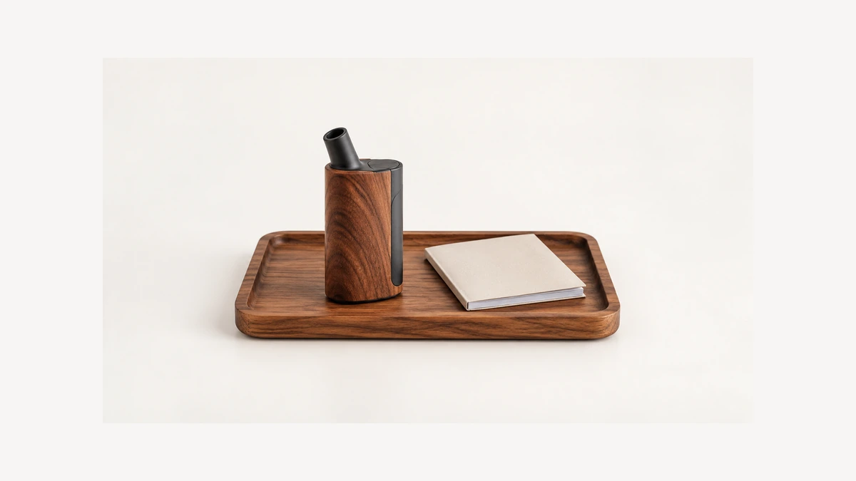 Wood body vaporizer on a tray beside a blank manual
