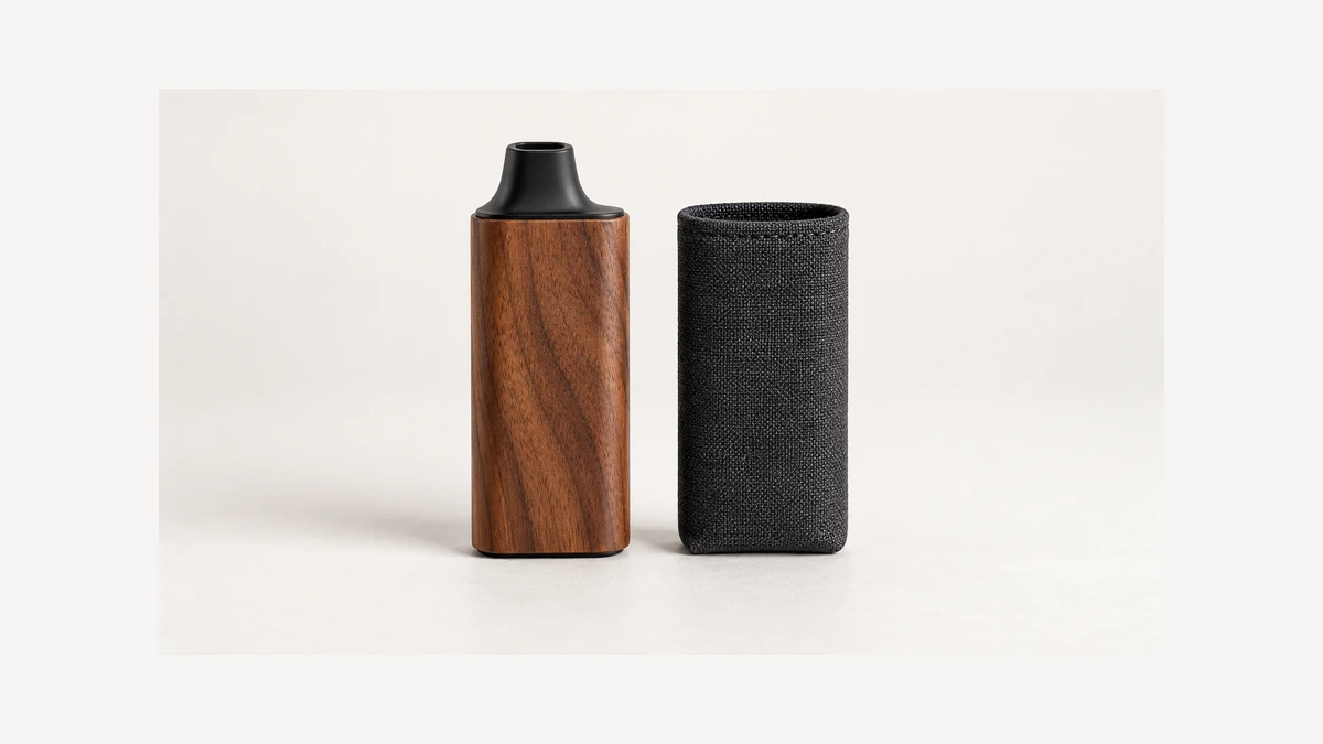 Wood exterior vaporizer beside an empty fabric sleeve