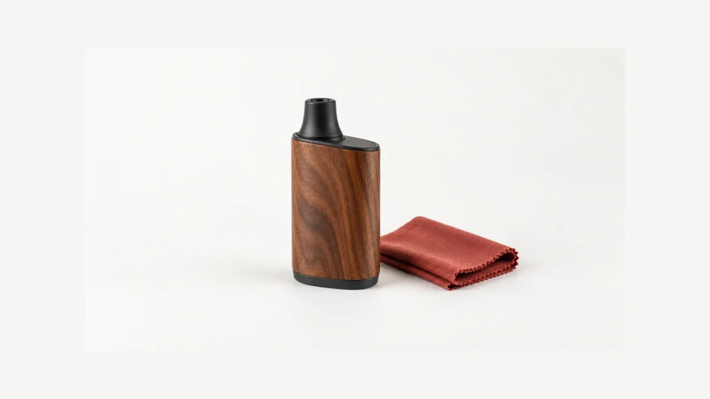 Wooden vaporizer housing beside a separate dry cloth