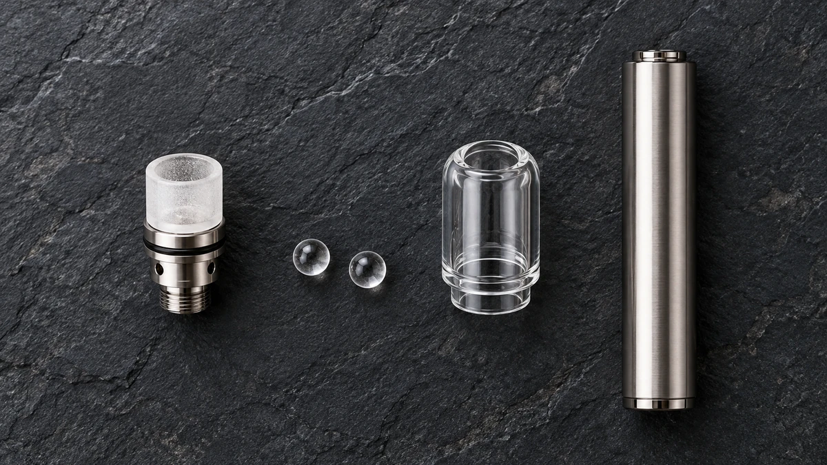 Separate quartz cup, two quartz balls, clear cover and pen body arranged for identification
