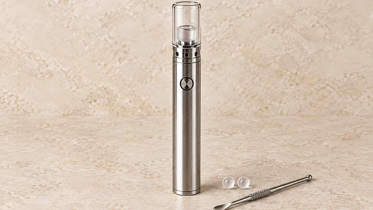 Generic concentrate vaporizer pen with quartz cup, clear top and separate quartz balls